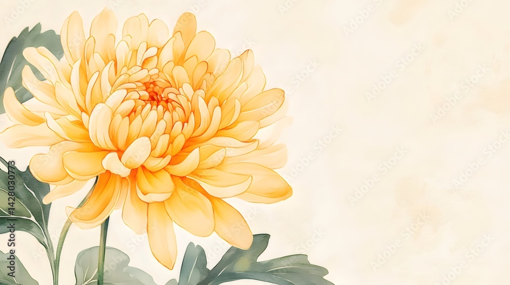 Aufkleber 水彩画の黄色の菊の花一輪と緑の葉 背景は淡い色合いのシンプルなデザイン