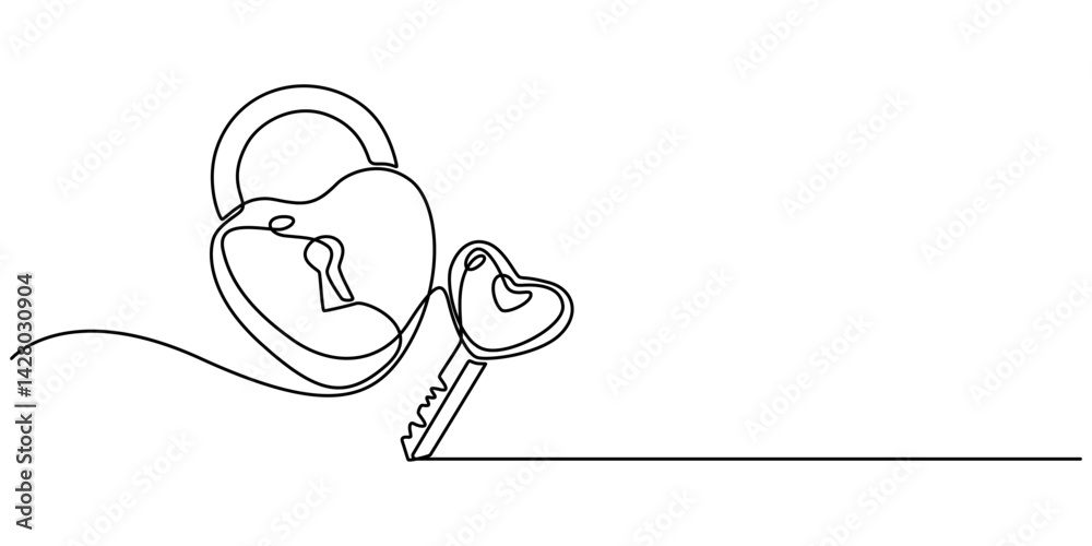 Poster Continuous one line drawing of a heart shaped lock and key. Vector illustration, Continuous line drawing. Lock and key. Heart shape. Valentine's day. Template for love cards and invitations. Isolated.
