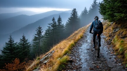 Mountain Biker Riding on Narrow Wet Trail Through Dense Evergreen Forest in Misty Weather
