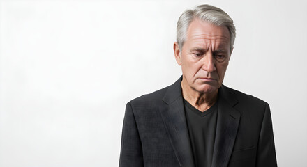 Obraz premium A contemplative mature man in a suit, looking down with a serious expression, set against a clean white background.