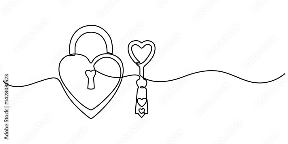 Poster Continuous one line drawing of a heart shaped lock and key. Vector illustration, Continuous line drawing. Lock and key. Heart shape. Valentine's day. Template for love cards and invitations. Isolated.