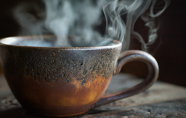 Fototapeta premium Steaming Brown Ceramic Mug on Rustic Wooden Surface