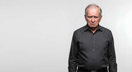 A contemplative senior man in a dark shirt, looking down with a serious expression against a plain background.