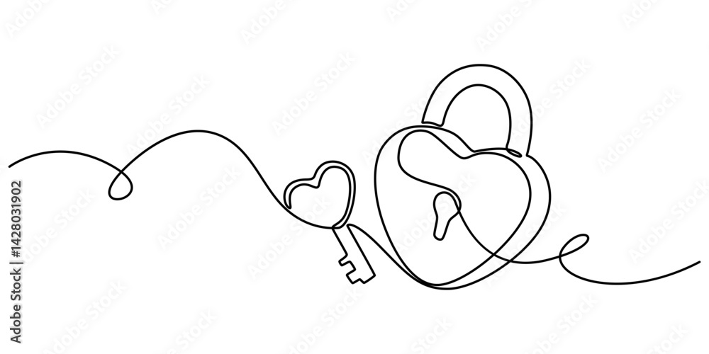 Poster Continuous one line drawing of a heart shaped lock and key. Vector illustration, Continuous line drawing. Lock and key. Heart shape. Valentine's day. Template for love cards and invitations. Isolated.