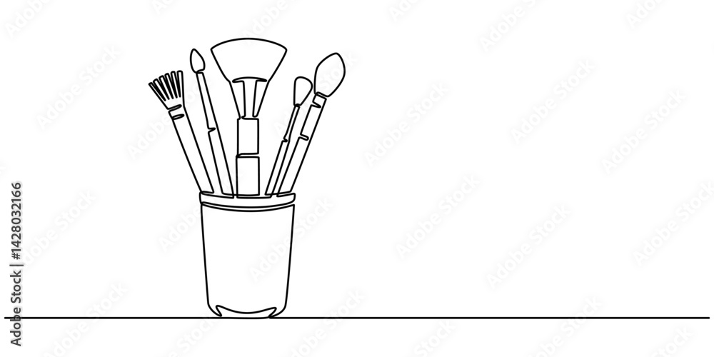Poster continuous one line drawing of pencils and brushes in a glass. brush and pencils in single line draw