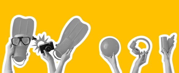 Female hands with beach accessories on yellow background