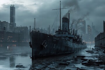 Shipwreck on a foggy riverbank in an industrial city at dawn