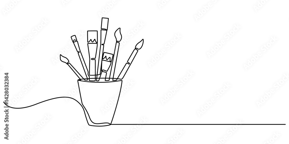 Aufkleber continuous one line drawing of pencils and brushes in a glass. brush and pencils in single line draw
