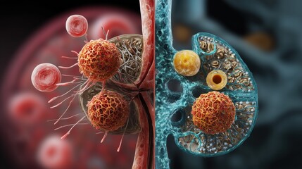 Preeclampsia Awareness Month. Detailed side-by-side illustration of normal vs. preeclamptic kidney glomeruli, highly detailed cellular structures,  microscopic view, professional medical illustration