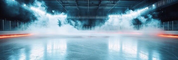 A dramatic view of a hockey rink featuring smoke effects and vibrant lighting.