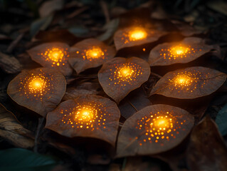 Fototapeta premium Glowing leaves in dark forest Warm light emanates from the center of each leaf radiating outwards