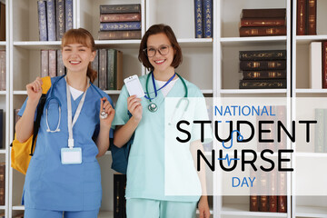 Female medical interns with backpacks near bookshelf in clinic