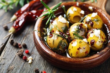 Marinated Green Olives with Feta Cheese and Herbs in Rustic Wooden Bowl