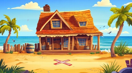 Tropical beach house on sandy shores.