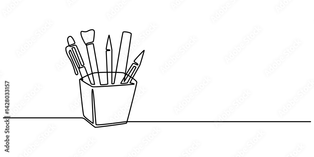 Poster continuous one line drawing of pencils and brushes in a glass. brush and pencils in single line draw