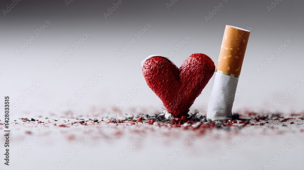 Poster cigarette stub pressed into red heart symbolizing the destructive impact of smoking on health