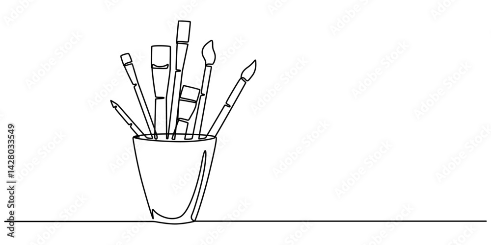 Poster continuous one line drawing of pencils and brushes in a glass. brush and pencils in single line draw