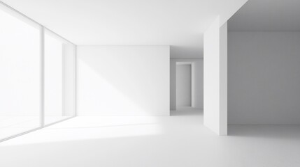 Minimalist interior with white walls, a large window and a hallway