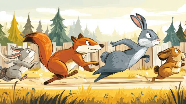 Exciting Cartoon-Style Race Featuring Anthropomorphic Animals Sprinting Towards the Finish Line in a Vibrant Forest Setting - Powered by Adobe