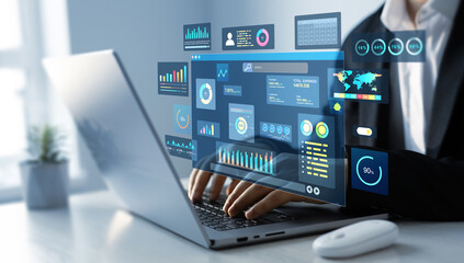 Data System KPI and metrics connected in database for follow earnings,operations and sales data.Businessman using KPI dashboard.Financial business KPI System data analytics graph dashboard.