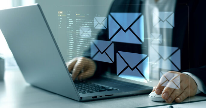 Email digital marketing concept.Person reading e-mail on laptop computer.Inbox with email marketing strategy digital screen.