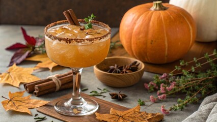 Apple cider margarita with brown sugar rim, cinnamon, and fresh thyme, fall cocktail or mocktail idea in a rustic setting