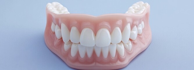 Obraz premium A dentistry banner features a close-up shot of a woman's smile, highlighting her white healthy teeth against a light background