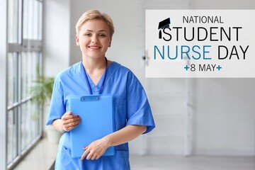 Female medical intern with clipboard in clinic. National Student Nurse Day