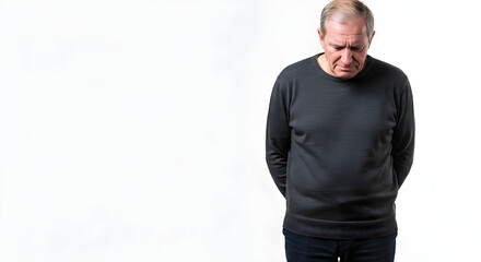 A contemplative man in a gray sweater looking down, evoking a sense of introspection and quiet reflection.