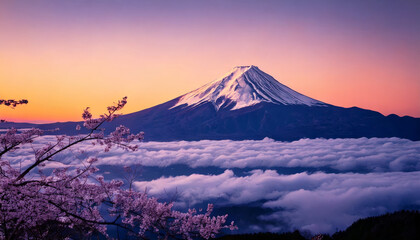 Fototapeta premium breathtaking view of snow capped mountain at sunrise, surrounded by clouds and cherry blossoms in foreground, creating serene and picturesque scene