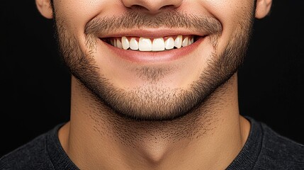 Fototapeta premium A man's smile is showcased after undergoing teeth straightening and whitening procedures, highlighting the ideal shape of his upper jaw teeth following veneer or brace installation, in a close-up