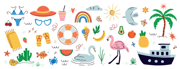 Summer, a set of trend elements: sun, pineapple, palm tree, dessert, ice cream, drinks. Fashionable modern art. Cartoon, minimalistic, abstract modern style. art template for summer postcards, banners