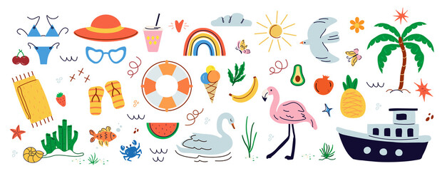 trendy, tropical fruits, desserts, summer elements. naive, summer set, isolated figures on a white background. minimalist, childish, naive style. for print, banner, social network, business. art png