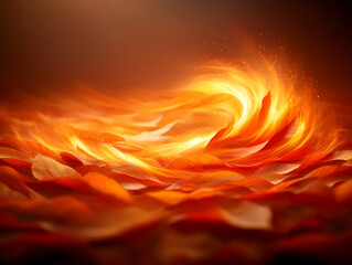 Swirling vibrant orange leaves form an abstract fiery vortex with bright sparks floating in a dark warm space