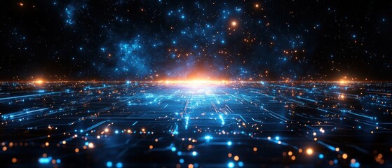 Fototapeta premium Digital Universe: A Futuristic Landscape of Light and Circuitry