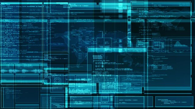 Hacker's interface with vibrant code snippets and abstract panels, creating a captivating high-tech aesthetic. Perfect for projects related to cybersecurity, technology, and software.