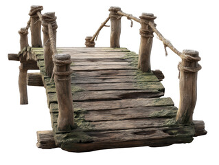 Obraz premium Old weathered wooden bridge with rope railings rustic design 3d sea aged on transparent background