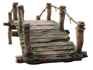Old weathered wooden bridge with rope railings rustic design 3d sea aged on transparent background