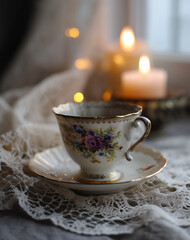 Fototapeta premium Vintage Floral Teacup on Lace with Soft Candlelight