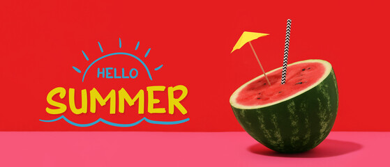 Half of sweet watermelon with decorative umbrella on colorful background © Pixel-Shot
