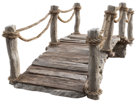Rustic wooden bridge with rope railings stone base 3d model old game aged on transparent background