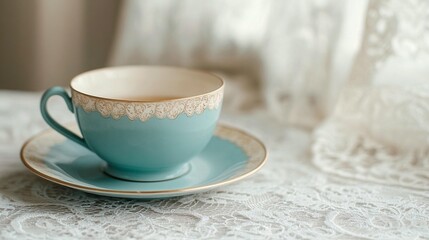 Fototapeta premium Teacup, Lace, Tea, Afternoon Tea, Elegant, Vintage, Pastel, Ceramics, Home Decor, Cozy