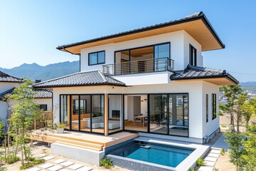 Two-story modern house in Japan with white walls, gray tile roof, terrace, and balcony under a blue sky, photographed from outside.