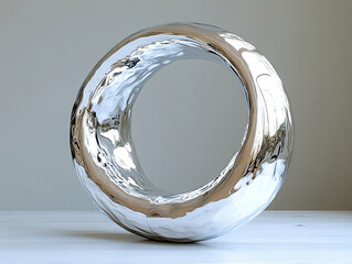 Abstract silver ring sculpture with dynamic liquid texture on a wood grain surface