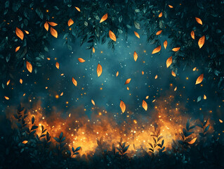 Autumn leaves falling against a dark blue sky and glowing embers below creating a magical atmosphere