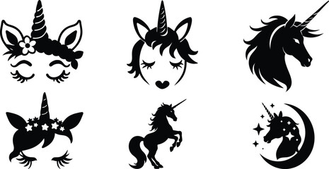 Unicorn Silhouette Vector Set &ndash; Fantasy Black and White Magical Creatures & Decorative Art