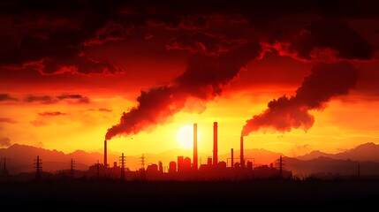 Industrial landscape at dusk gujaba petroleum plant smoke stacks