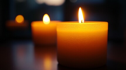 Two lit candles on a dark surface, glowing warmly.