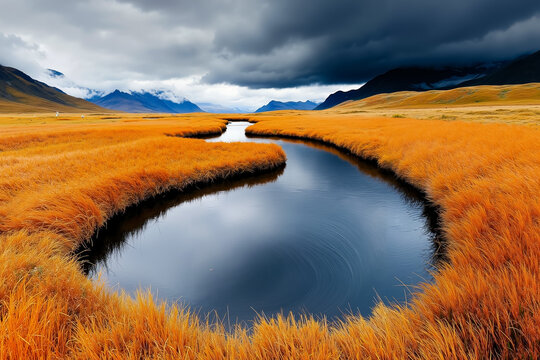 A small stream running through a grassy field under a cloudy sky - Powered by Adobe