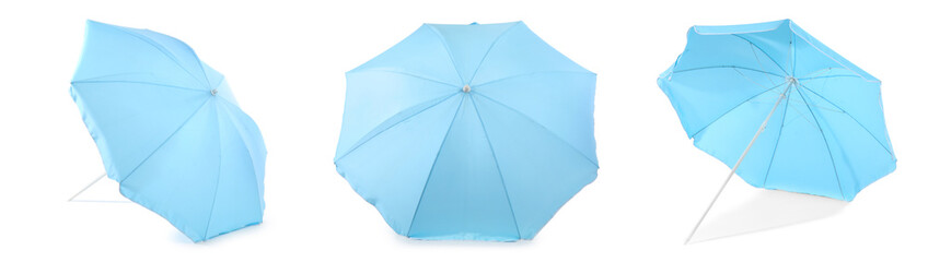 Set of blue beach umbrella on white background
